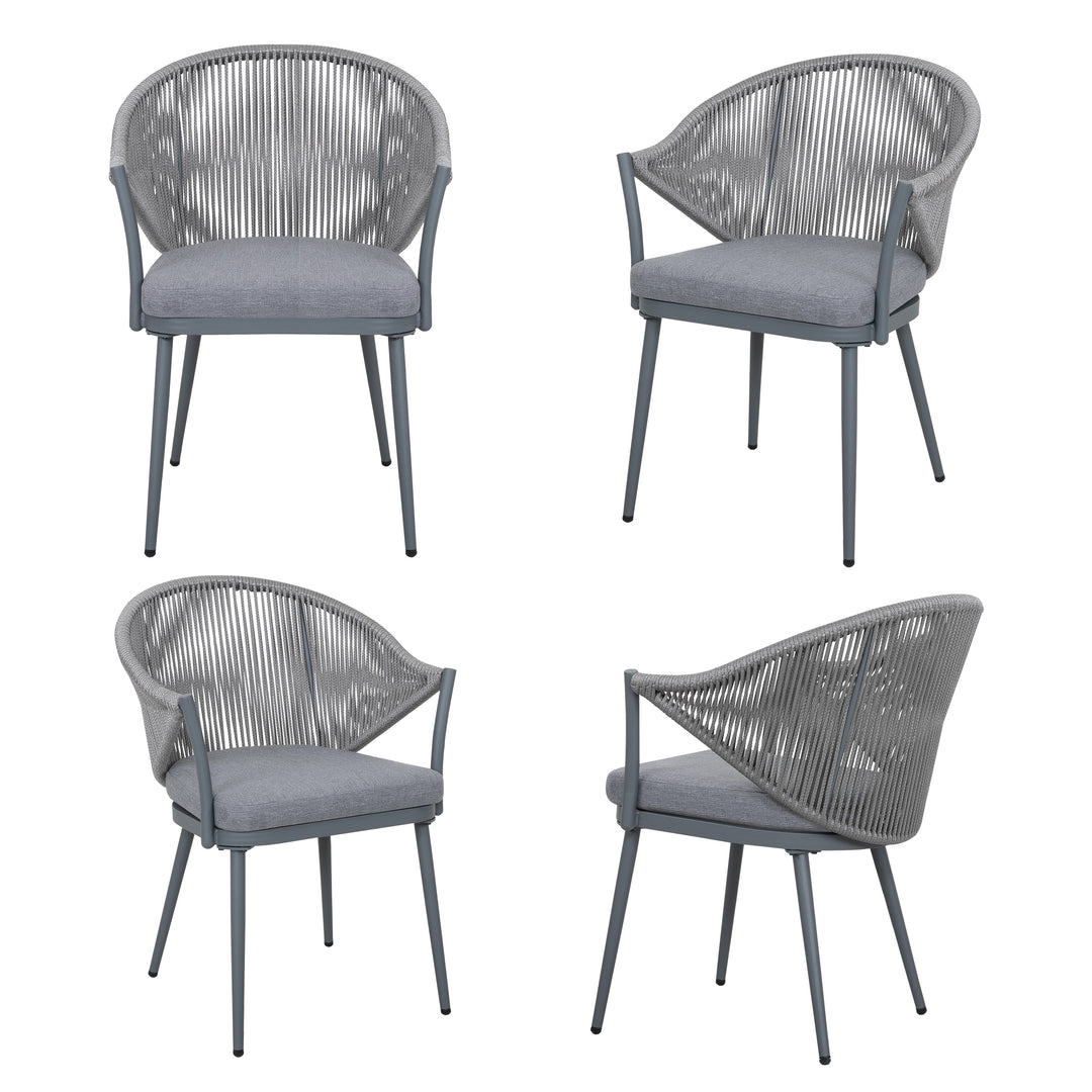 Outdoor Aluminum Chair Set of 4, Woven Rope Conversation Chairs with Seat Cushions, Dark Gray Color