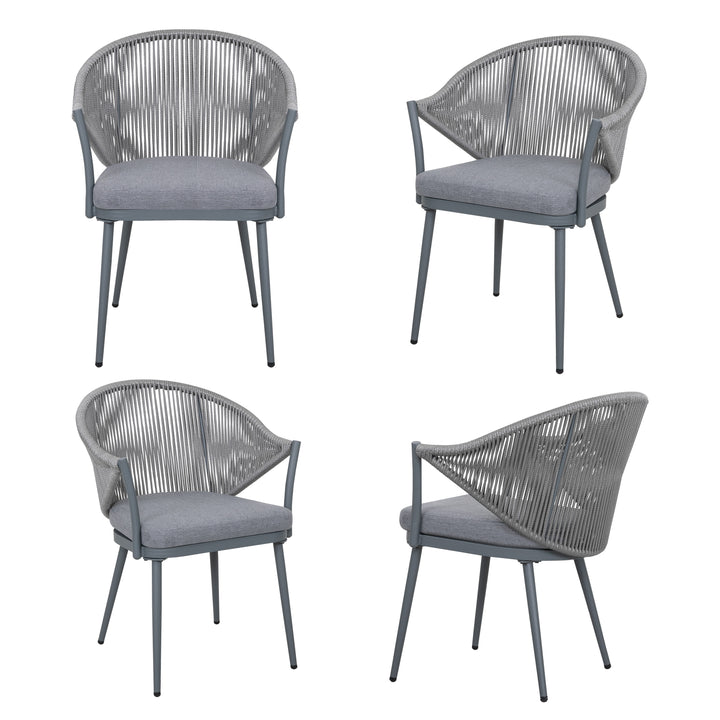 Outdoor Aluminum Chair Set of 4, Woven Rope Conversation Chairs with Seat Cushions, Dark Gray Color
