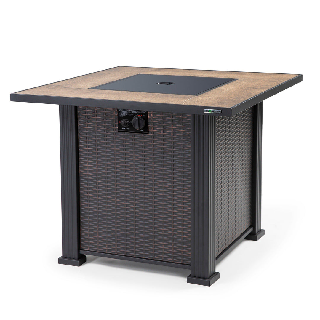 30 Inch 40,000 BTU Propane Gas Cabinet Square Fire Pit Table, Ceramic Tabletop and Wicker-like Iron Frame, with Lid and Lava Rocks for Balcony, Patio, Garden, Party, Brown