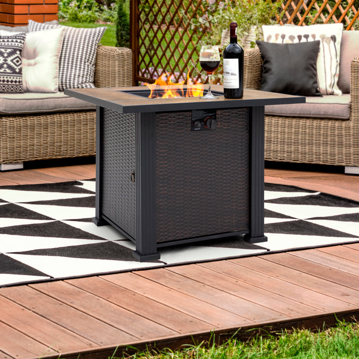 30 Inch 40,000 BTU Propane Gas Cabinet Square Fire Pit Table, Ceramic Tabletop and Wicker-like Iron Frame, with Lid and Lava Rocks for Balcony, Patio, Garden, Party, Brown