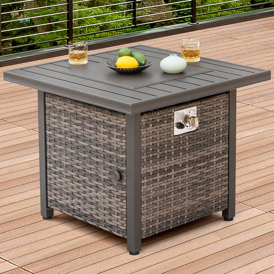 Outdoor 30?¡¥?¡¥ Square Rattan Fire Pit Table with Metal Lid, Brown