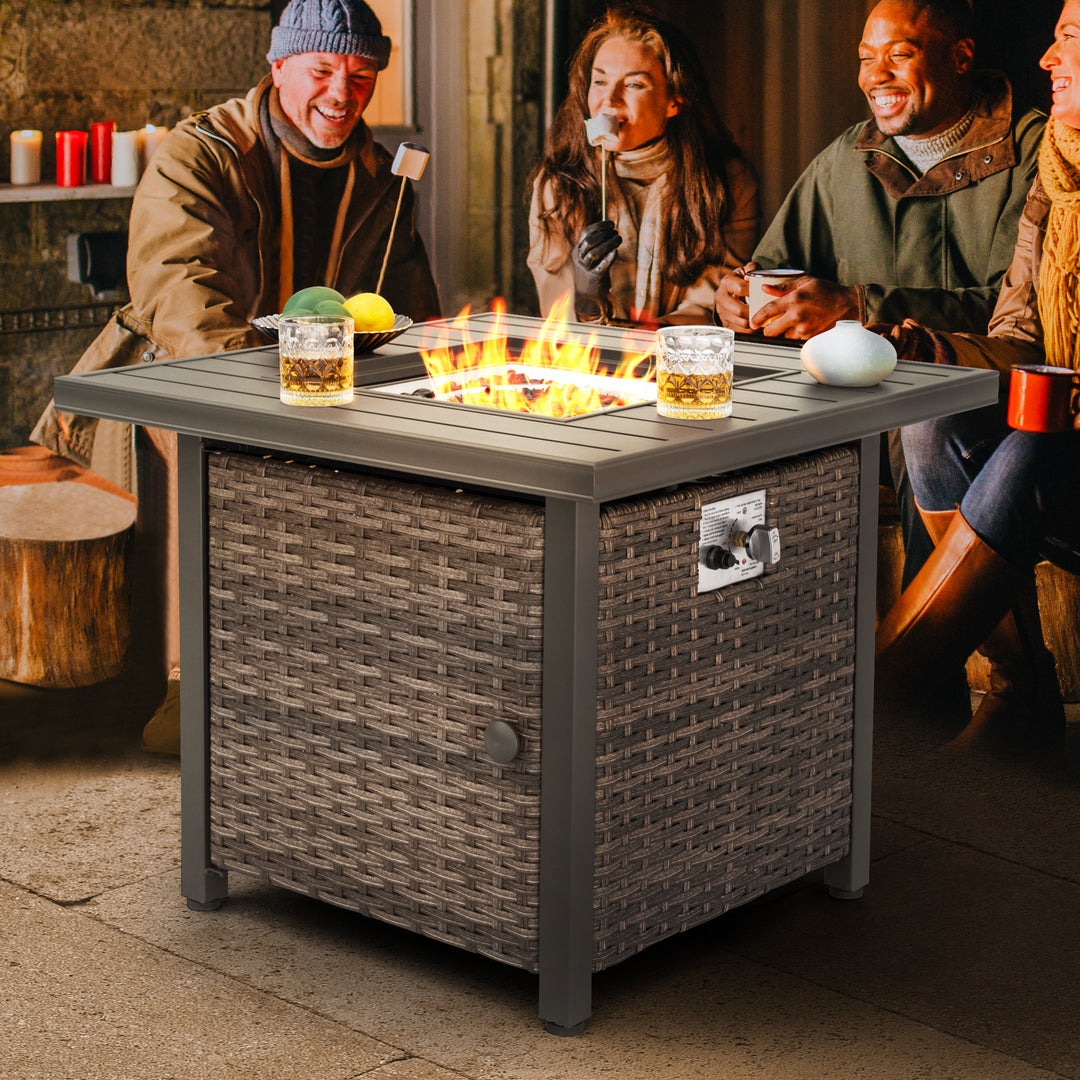 Outdoor 30?¡¥?¡¥ Square Rattan Fire Pit Table with Metal Lid, Brown