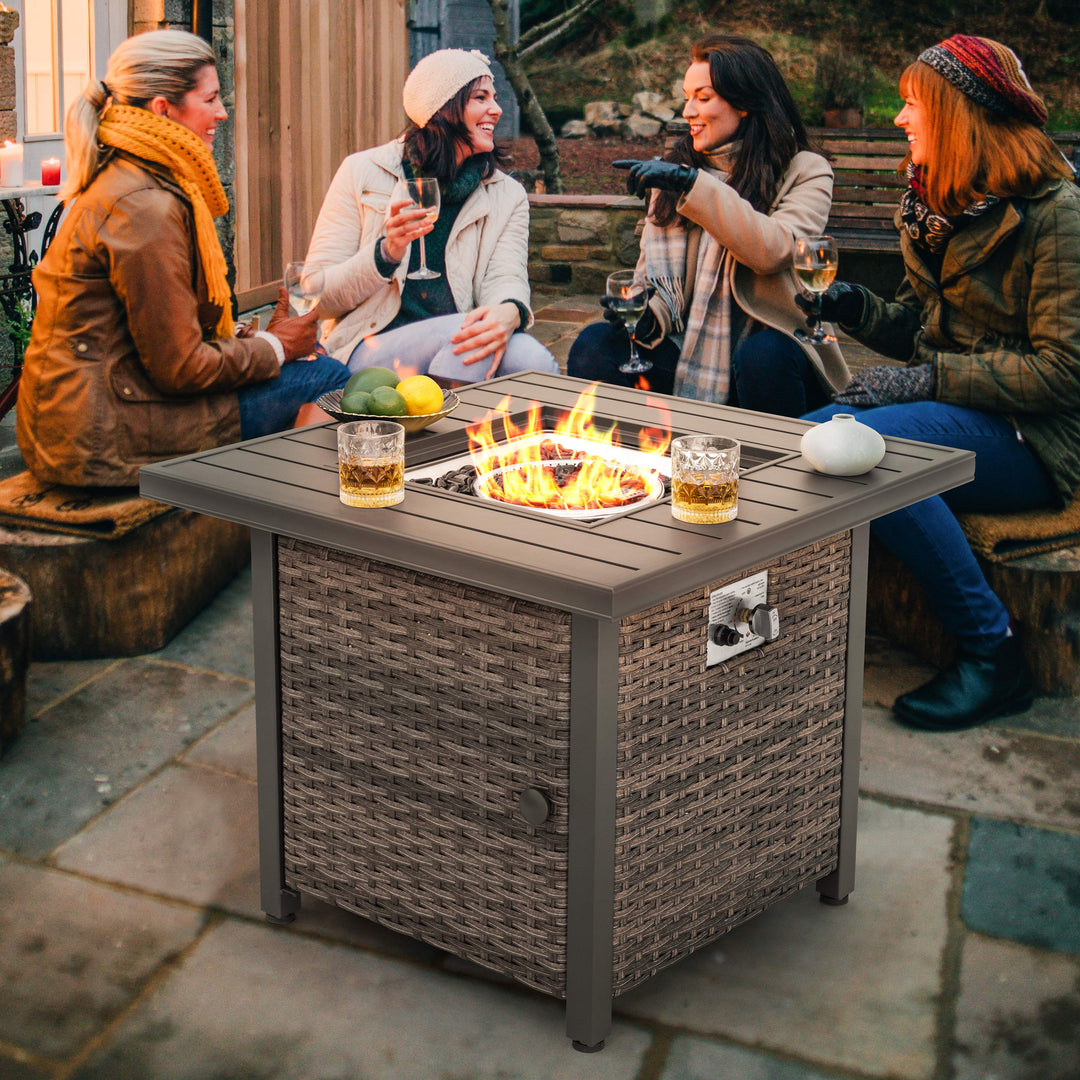 Outdoor 30?¡¥?¡¥ Square Rattan Fire Pit Table with Metal Lid, Brown