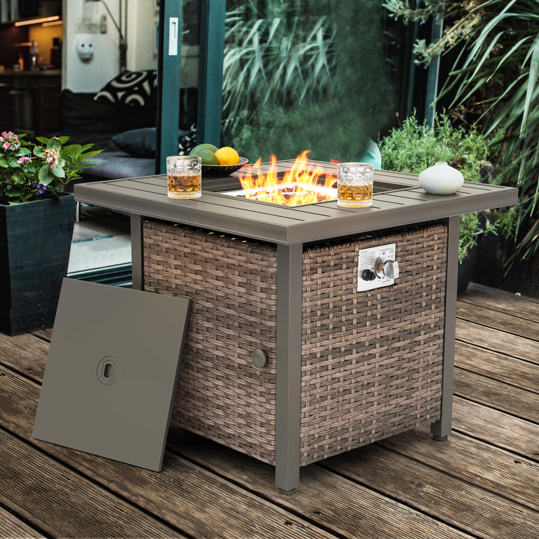 Outdoor 30?¡¥?¡¥ Square Rattan Fire Pit Table with Metal Lid, Brown
