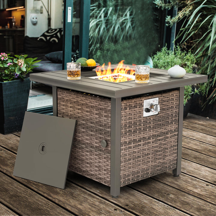 Outdoor 30?¡¥?¡¥ Square Rattan Fire Pit Table with Metal Lid, Brown