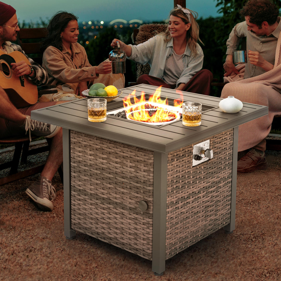 Outdoor 30?¡¥?¡¥ Square Rattan Fire Pit Table with Metal Lid, Brown