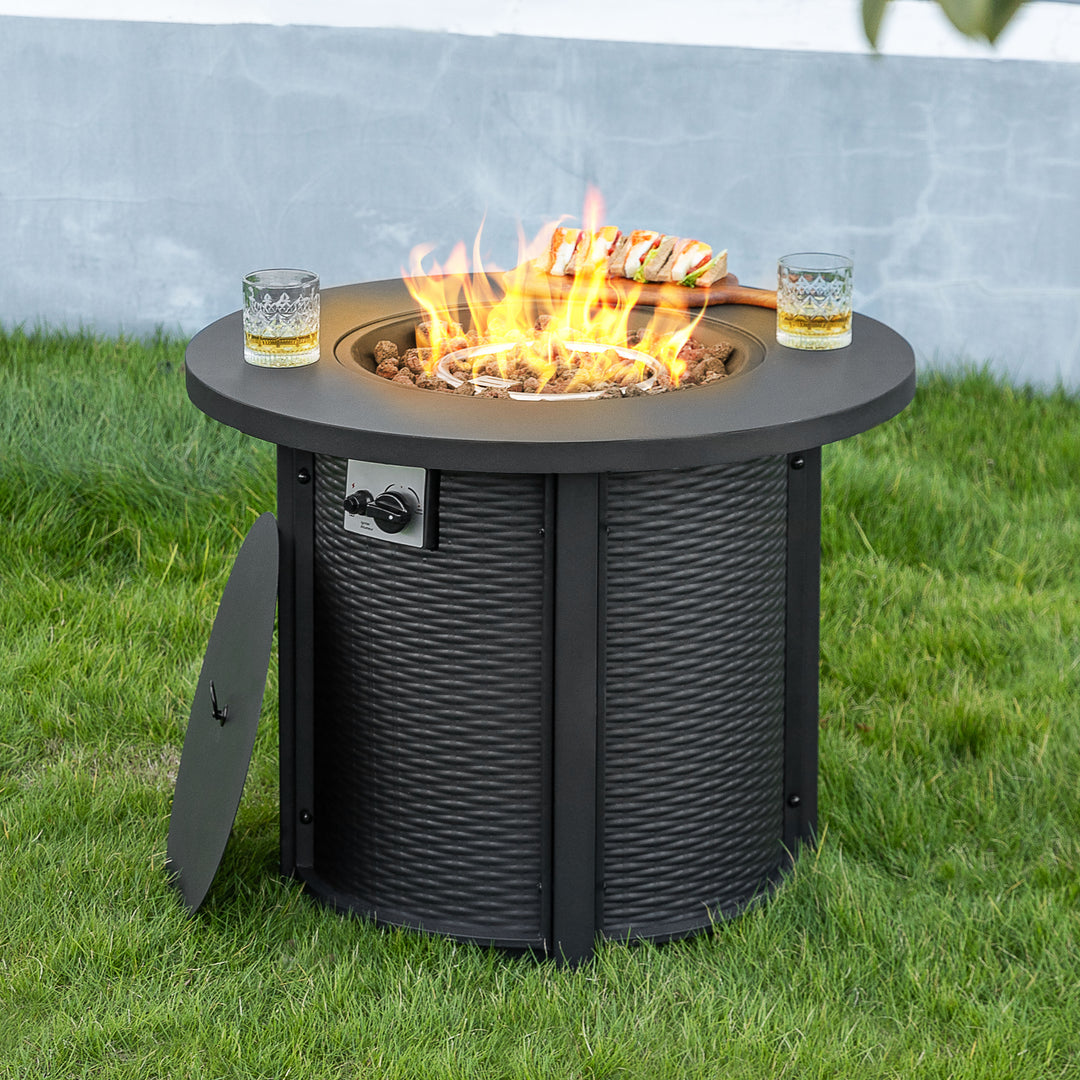 Patio Metal 30'' Round Propane Fire Pit Table with Lid and Lava Rocks