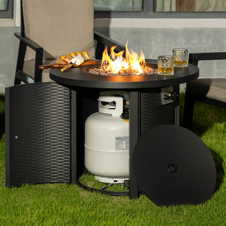 Patio Metal 30'' Round Propane Fire Pit Table with Lid and Lava Rocks