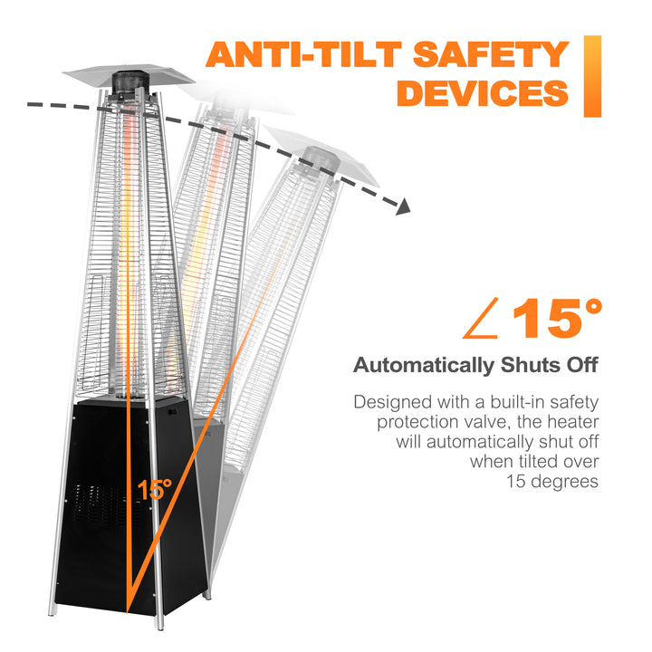 Outdoor 48,000 BTU Pyramid Propane Gas Patio Heater with Wheels, Removable Iron Heater with Quartz Glass Tube for Patio, Backyard, Garden, Porch, Black
