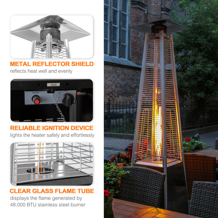 Outdoor 48,000 BTU Pyramid Propane Gas Patio Heater with Wheels, Removable Iron Heater with Quartz Glass Tube for Patio, Backyard, Garden, Porch, Black