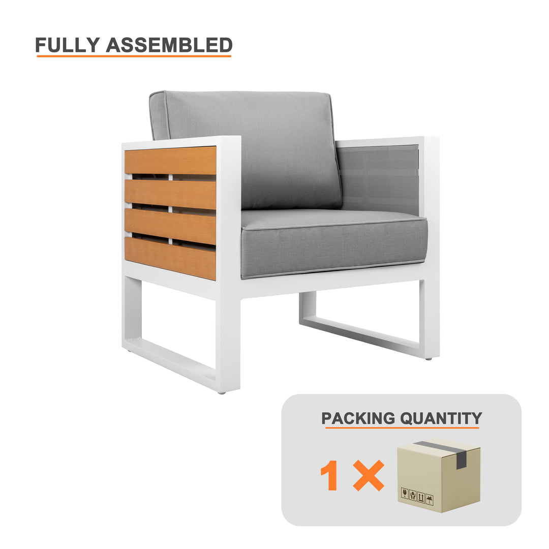 Outdoor Armchair with Cushion and Pillow, All-aluminum, Imitation Wood