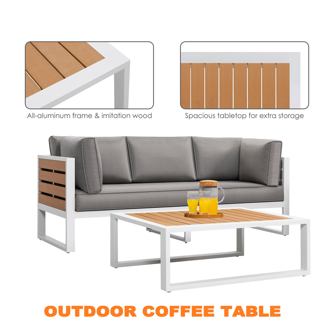 Outdoor Rectangle Coffee Table, All-aluminum Frame, Imitation Wood Tabletop