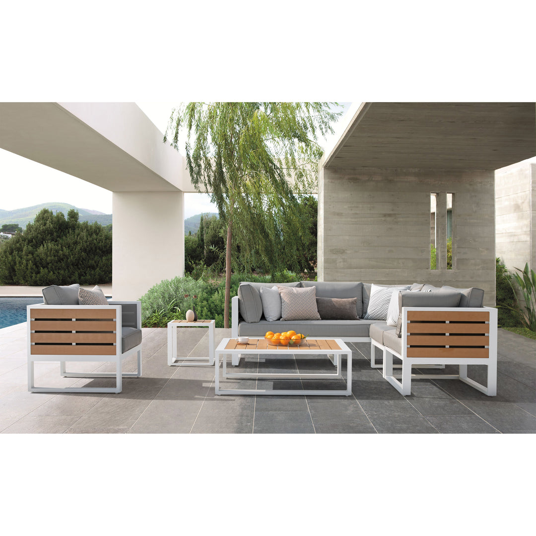 Outdoor 18 Inch Square Side Table, Aluminum Frame, Imitation Wood Tabletop