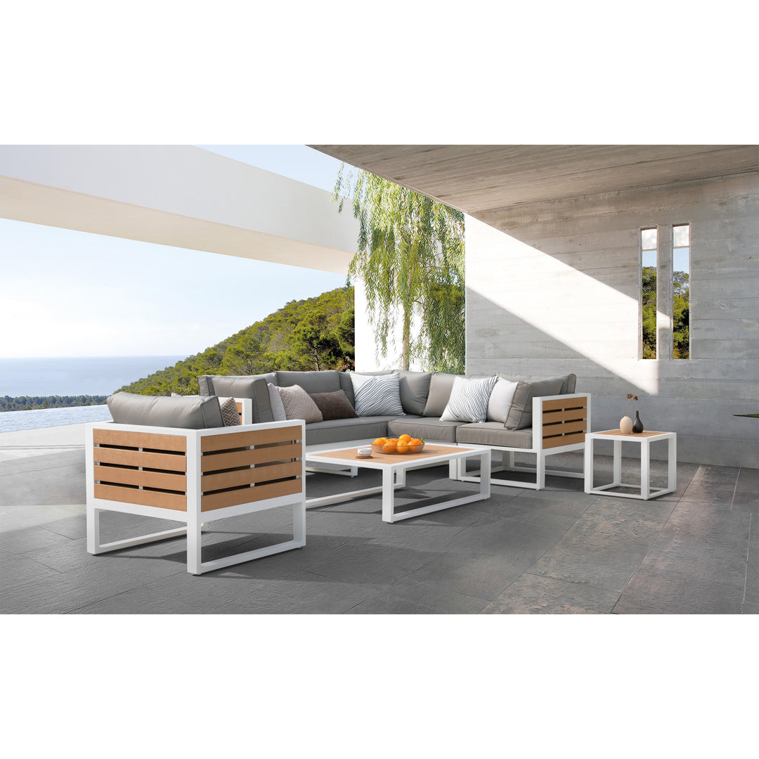 Outdoor 18 Inch Square Side Table, Aluminum Frame, Imitation Wood Tabletop