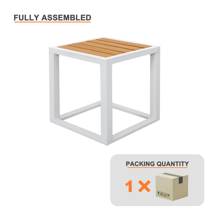 Outdoor 18 Inch Square Side Table, Aluminum Frame, Imitation Wood Tabletop