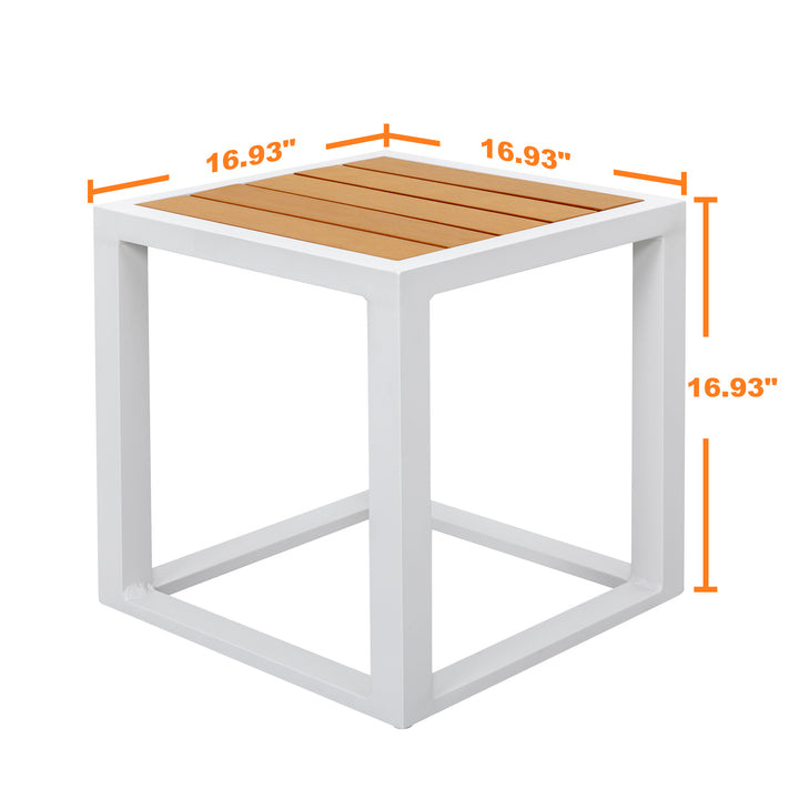 Outdoor 18 Inch Square Side Table, Aluminum Frame, Imitation Wood Tabletop