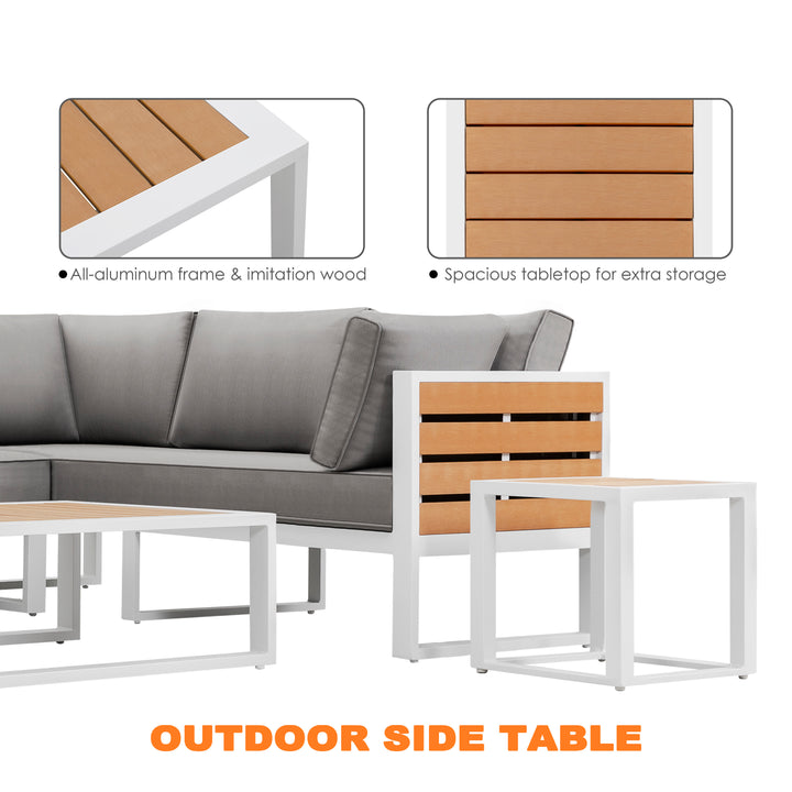 Outdoor 18 Inch Square Side Table, Aluminum Frame, Imitation Wood Tabletop