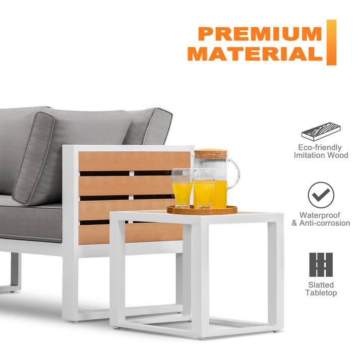 Outdoor 18 Inch Square Side Table, Aluminum Frame, Imitation Wood Tabletop