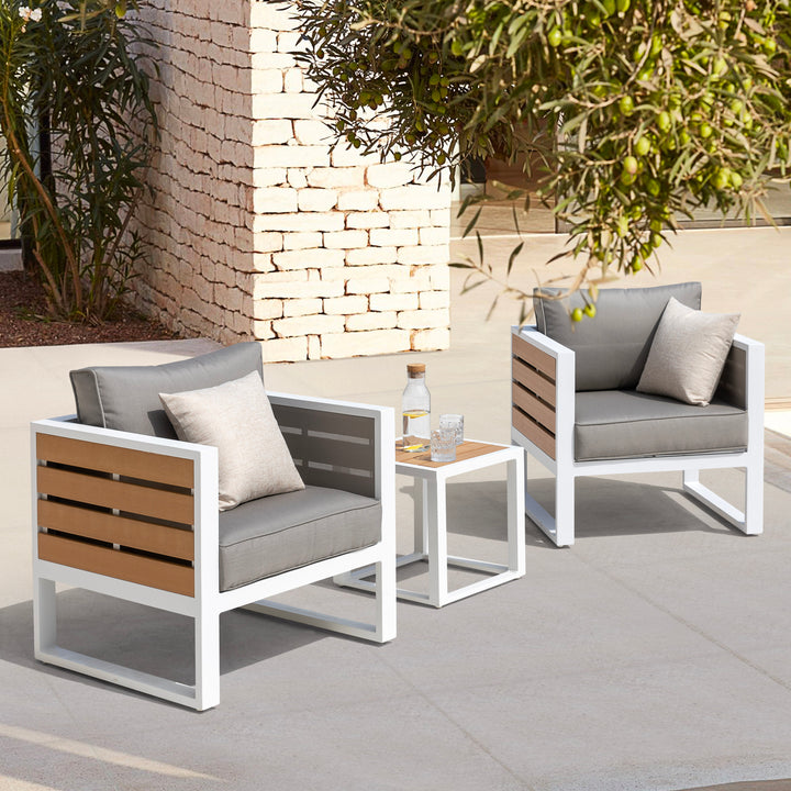 Outdoor Sofa Set, Side Table, 2 Armchairs, Cushions, Aluminum, Imitation Wood