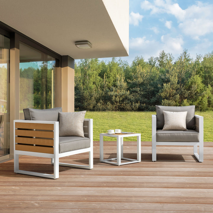 Outdoor Sofa Set, Side Table, 2 Armchairs, Cushions, Aluminum, Imitation Wood
