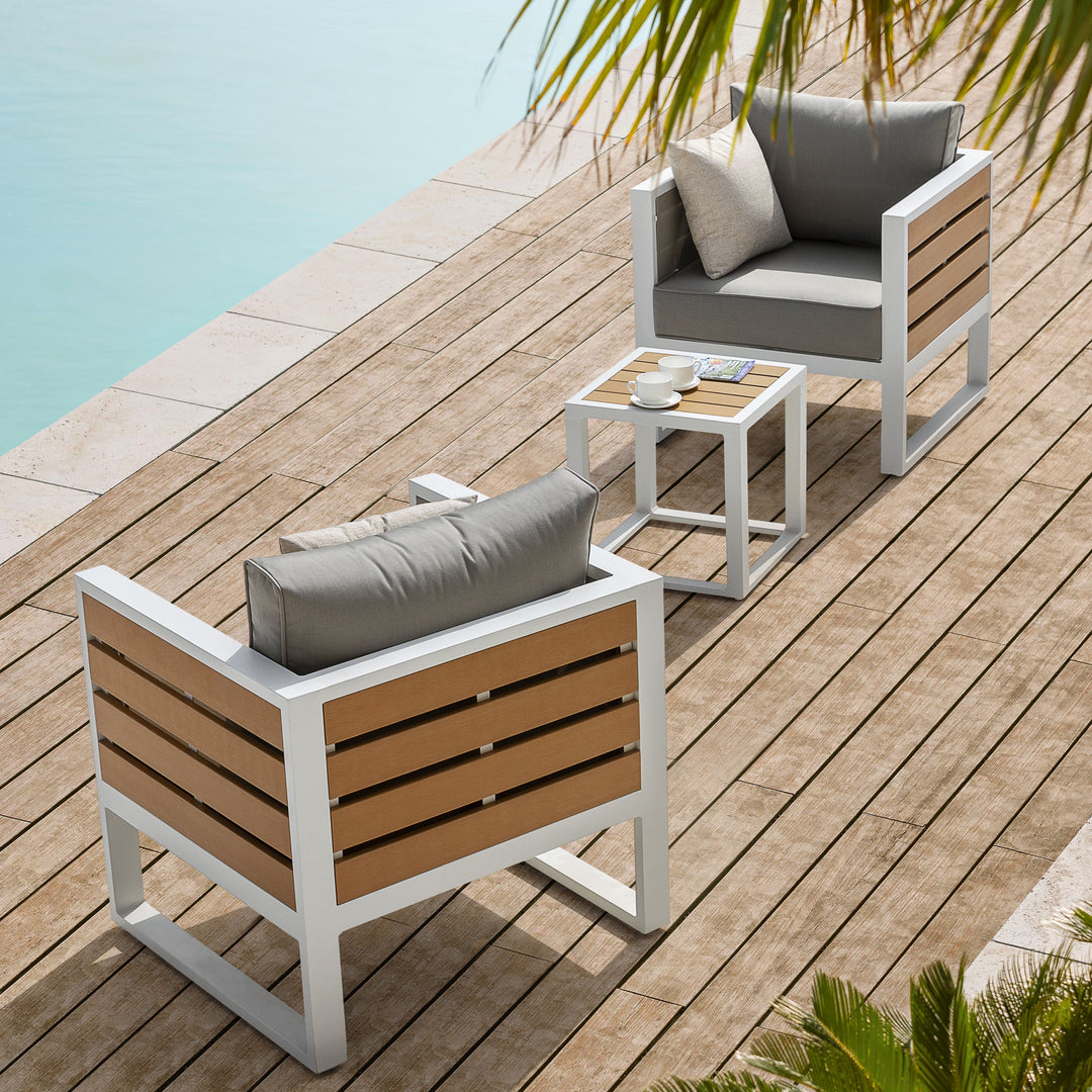 Outdoor Sofa Set, Side Table, 2 Armchairs, Cushions, Aluminum, Imitation Wood