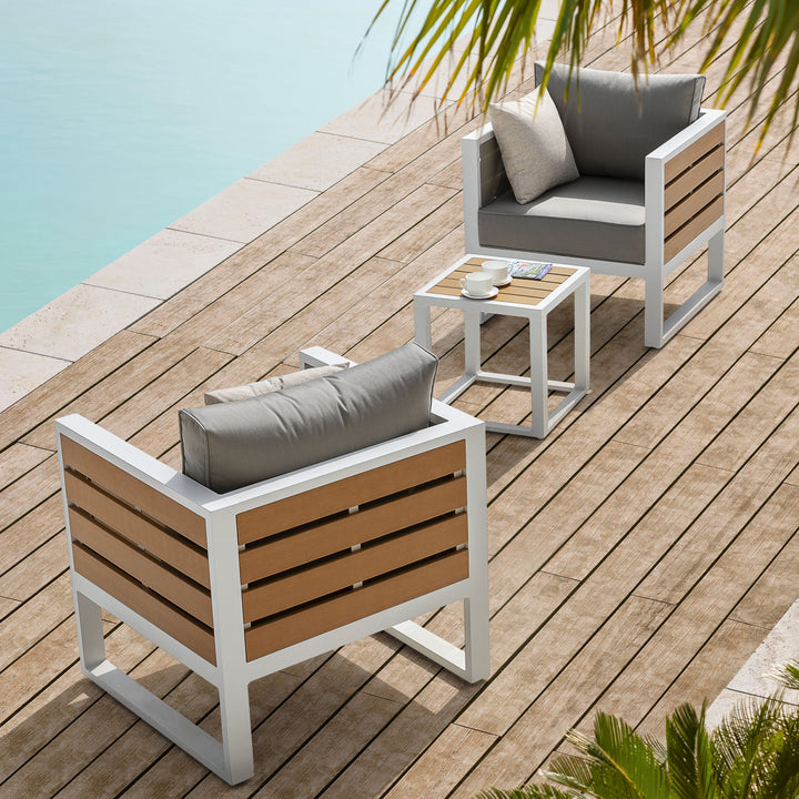 Outdoor Sofa Set, Side Table, 2 Armchairs, Cushions, Aluminum, Imitation Wood