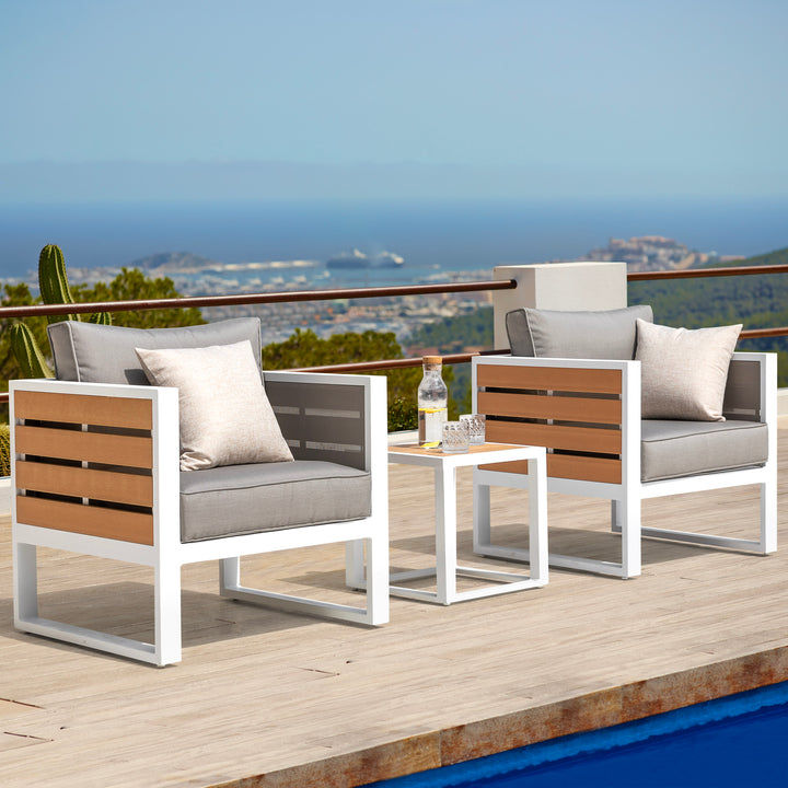 Outdoor Sofa Set, Side Table, 2 Armchairs, Cushions, Aluminum, Imitation Wood