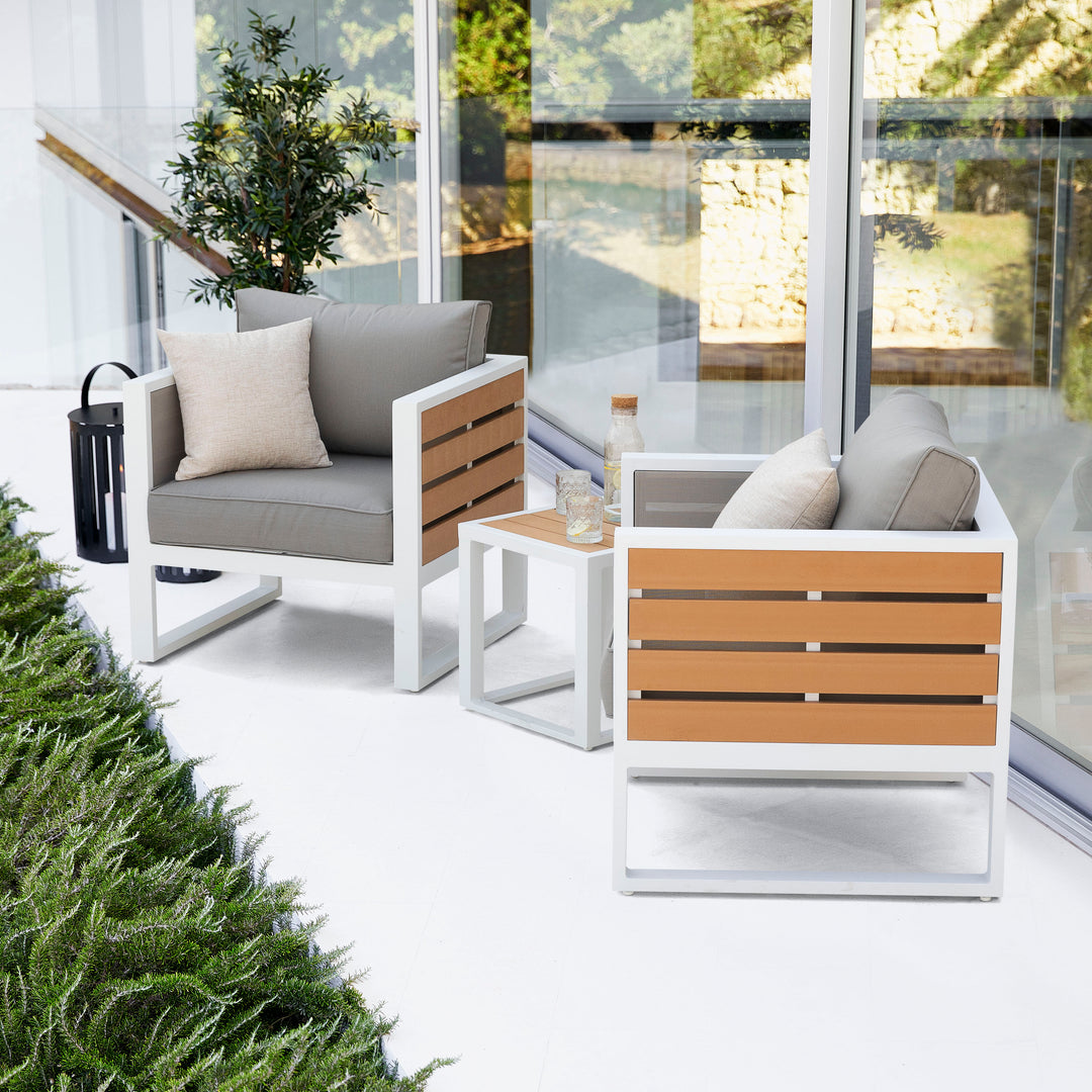 Outdoor Sofa Set, Side Table, 2 Armchairs, Cushions, Aluminum, Imitation Wood
