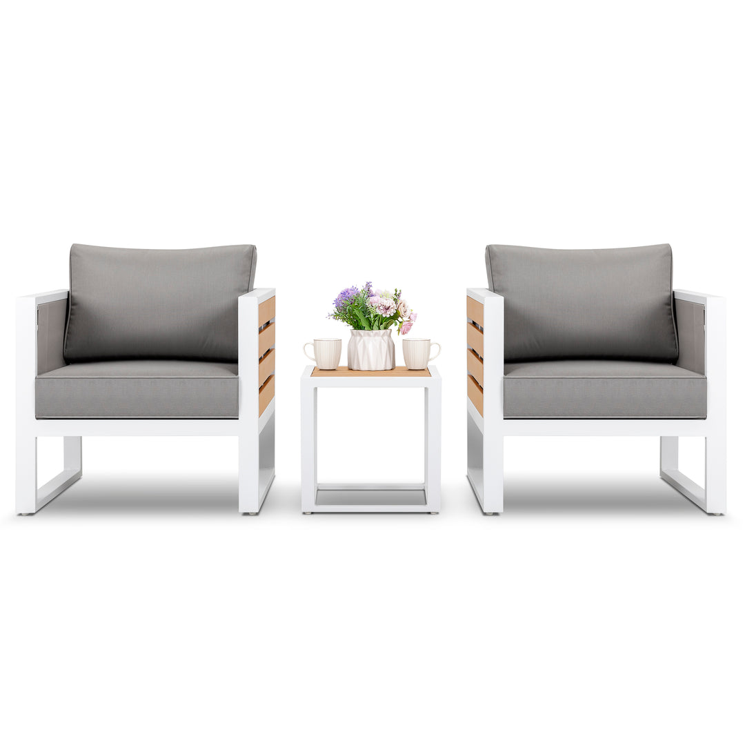 Outdoor Sofa Set, Side Table, 2 Armchairs, Cushions, Aluminum, Imitation Wood