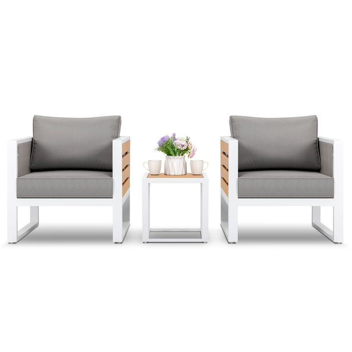 Outdoor Sofa Set, Side Table, 2 Armchairs, Cushions, Aluminum, Imitation Wood