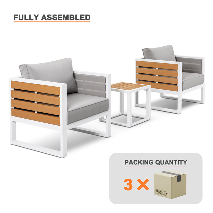 Outdoor Sofa Set, Side Table, 2 Armchairs, Cushions, Aluminum, Imitation Wood