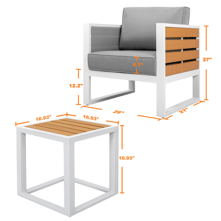 Outdoor Sofa Set, Side Table, 2 Armchairs, Cushions, Aluminum, Imitation Wood