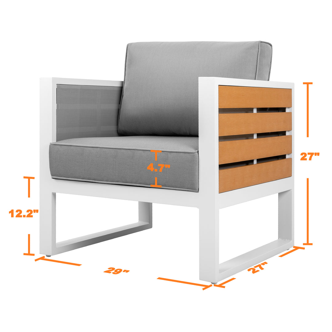 Outdoor Sofa Set, Side Table, 2 Armchairs, Cushions, Aluminum, Imitation Wood