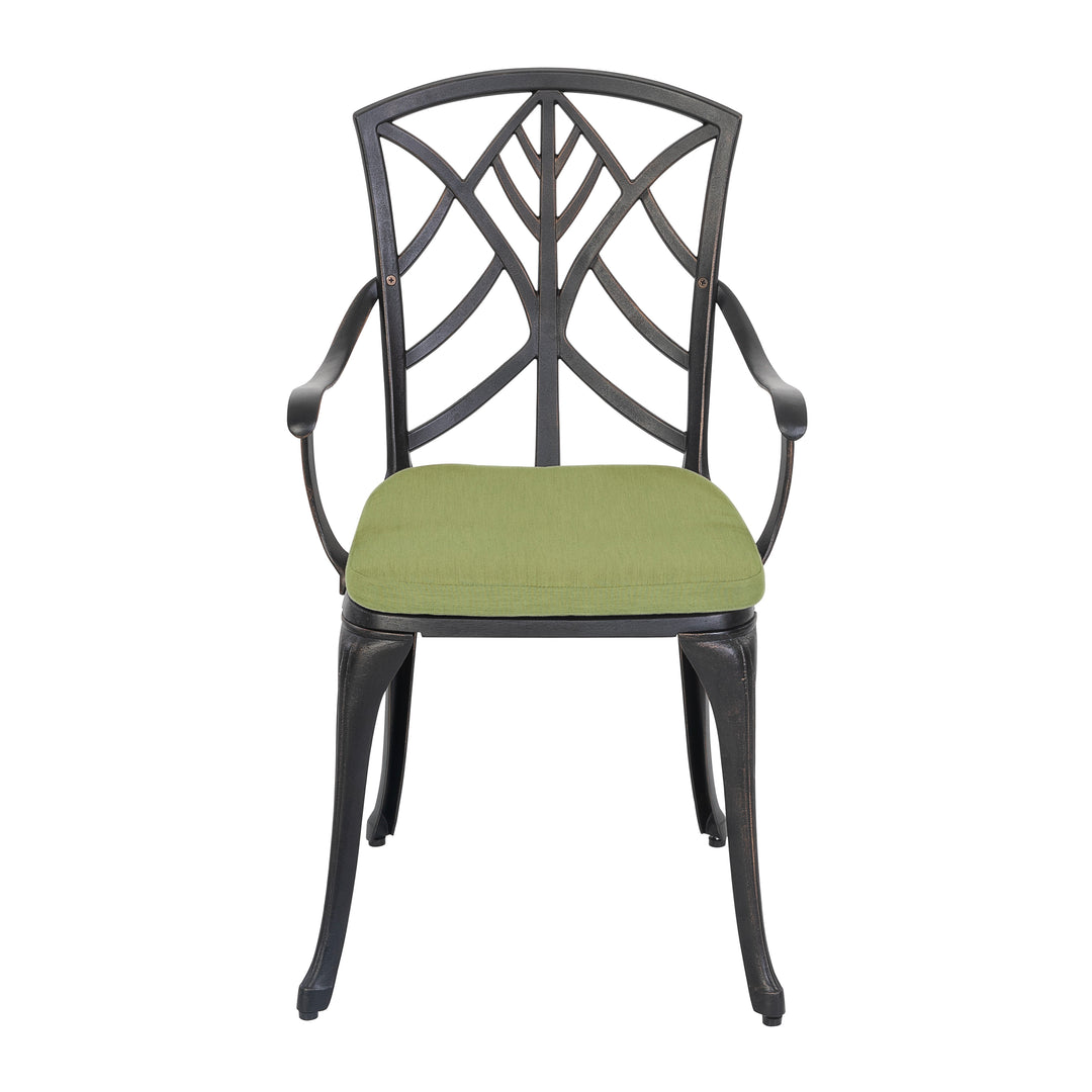 Outdoor Patio Chair Set of 2 Bistro and Dining Chairs, with 2 1.2'' Thick Cushions, Cast Aluminum, Polyester Fiber, for Outdoor and Indoor Space, Patio, Deck, Garden, Backyard, Balcony, Black with Gold-painted Edge and Green