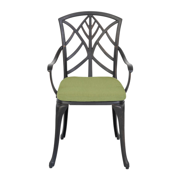Outdoor Patio Chair Set of 2 Bistro and Dining Chairs, with 2 1.2'' Thick Cushions, Cast Aluminum, Polyester Fiber, for Outdoor and Indoor Space, Patio, Deck, Garden, Backyard, Balcony, Black with Gold-painted Edge and Green