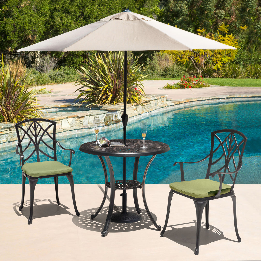 Outdoor Patio Chair Set of 2 Bistro and Dining Chairs, with 2 1.2'' Thick Cushions, Cast Aluminum, Polyester Fiber, for Outdoor and Indoor Space, Patio, Deck, Garden, Backyard, Balcony, Black with Gold-painted Edge and Green