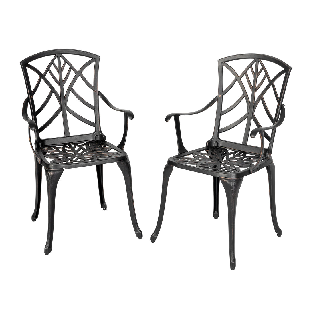 Outdoor Patio Chair Set of 2 Bistro and Dining Chairs, with 2 1.2'' Thick Cushions, Cast Aluminum, Polyester Fiber, for Outdoor and Indoor Space, Patio, Deck, Garden, Backyard, Balcony, Black with Gold-painted Edge and Green
