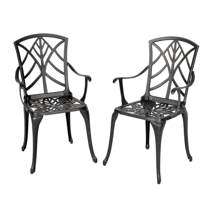 Outdoor Patio Chair Set of 2 Bistro and Dining Chairs, with 2 1.2'' Thick Cushions, Cast Aluminum, Polyester Fiber, for Outdoor and Indoor Space, Patio, Deck, Garden, Backyard, Balcony, Black with Gold-painted Edge and Green