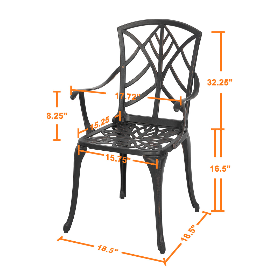 Outdoor Patio Chair Set of 2 Bistro and Dining Chairs, with 2 1.2'' Thick Cushions, Cast Aluminum, Polyester Fiber, for Outdoor and Indoor Space, Patio, Deck, Garden, Backyard, Balcony, Black with Gold-painted Edge and Green