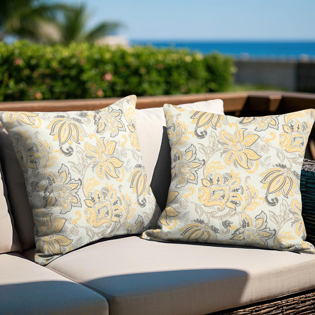 Outdoor Patio Water-Resistant Throw Pillows Set of 2, Ink Floral Pattern