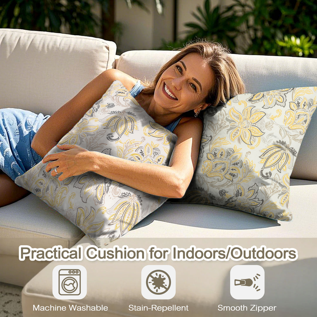 Outdoor Patio Water-Resistant Throw Pillows Set of 2, Ink Floral Pattern
