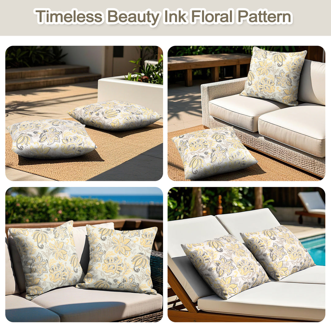 Outdoor Patio Water-Resistant Throw Pillows Set of 2, Ink Floral Pattern