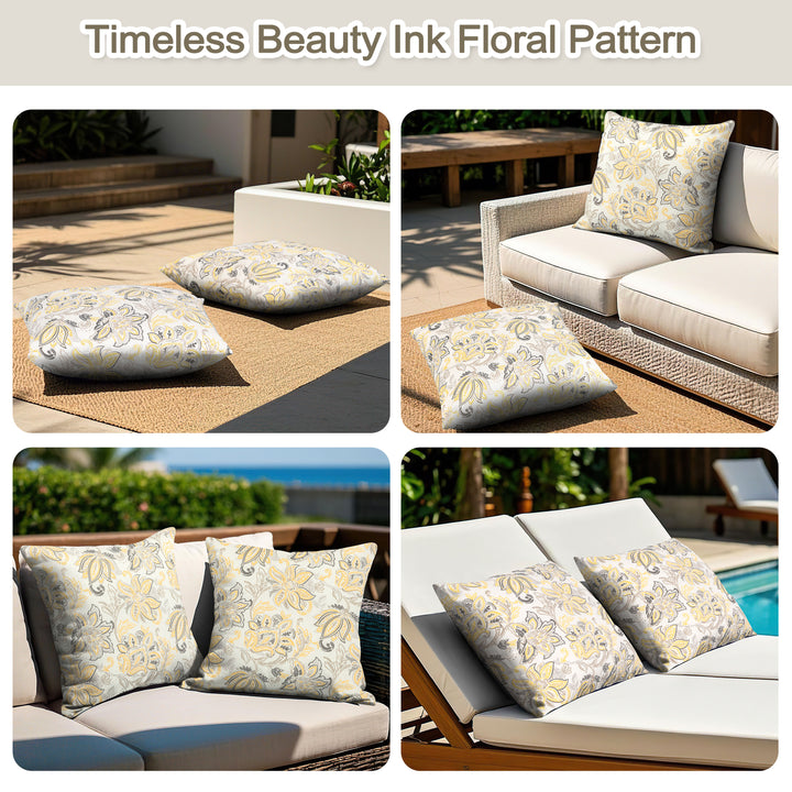Outdoor Patio Water-Resistant Throw Pillows Set of 2, Ink Floral Pattern