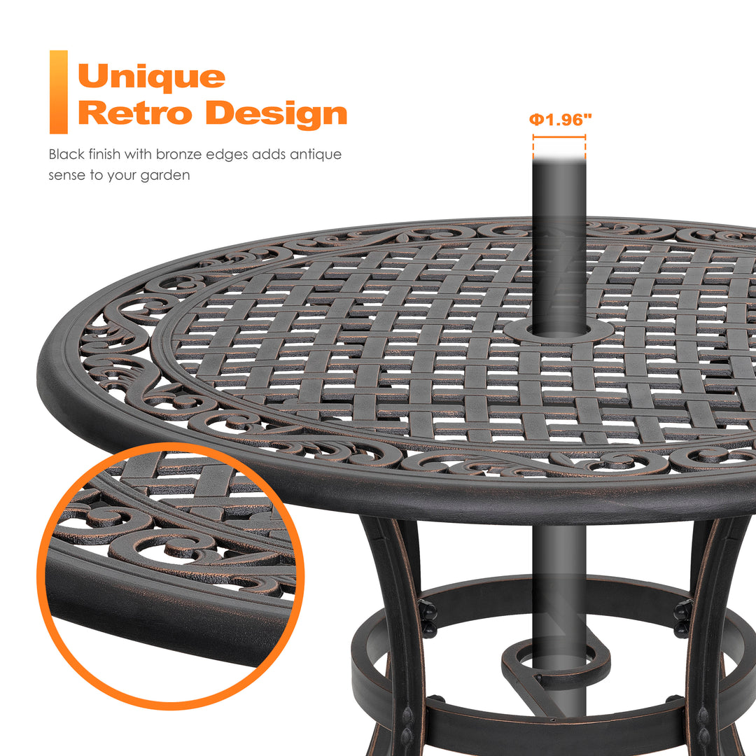 Outdoor 31'' Round Cast Aluminum Dining Table with 1.96 inch Umbrella Hole, for Outdoor and Indoor Space, Black with Gold-painted Edge