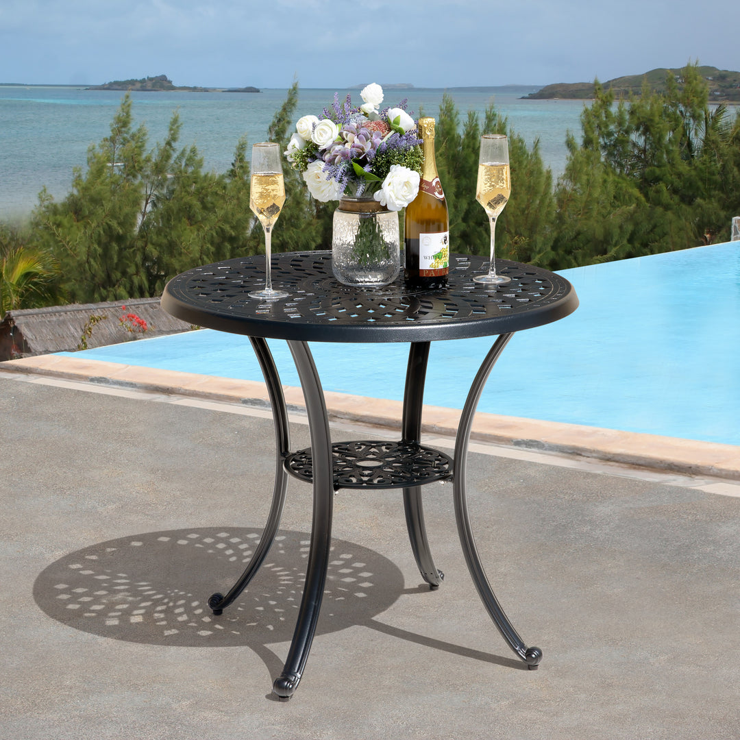 Outdoor 31'' Round Bistro Table with 2.28'' Umbrella Hole, Cast Aluminum Tabletop, for Outdoor and Indoor Space, Patio, Deck, Garden, Backyard, Balcony, Black with Gold Speckles