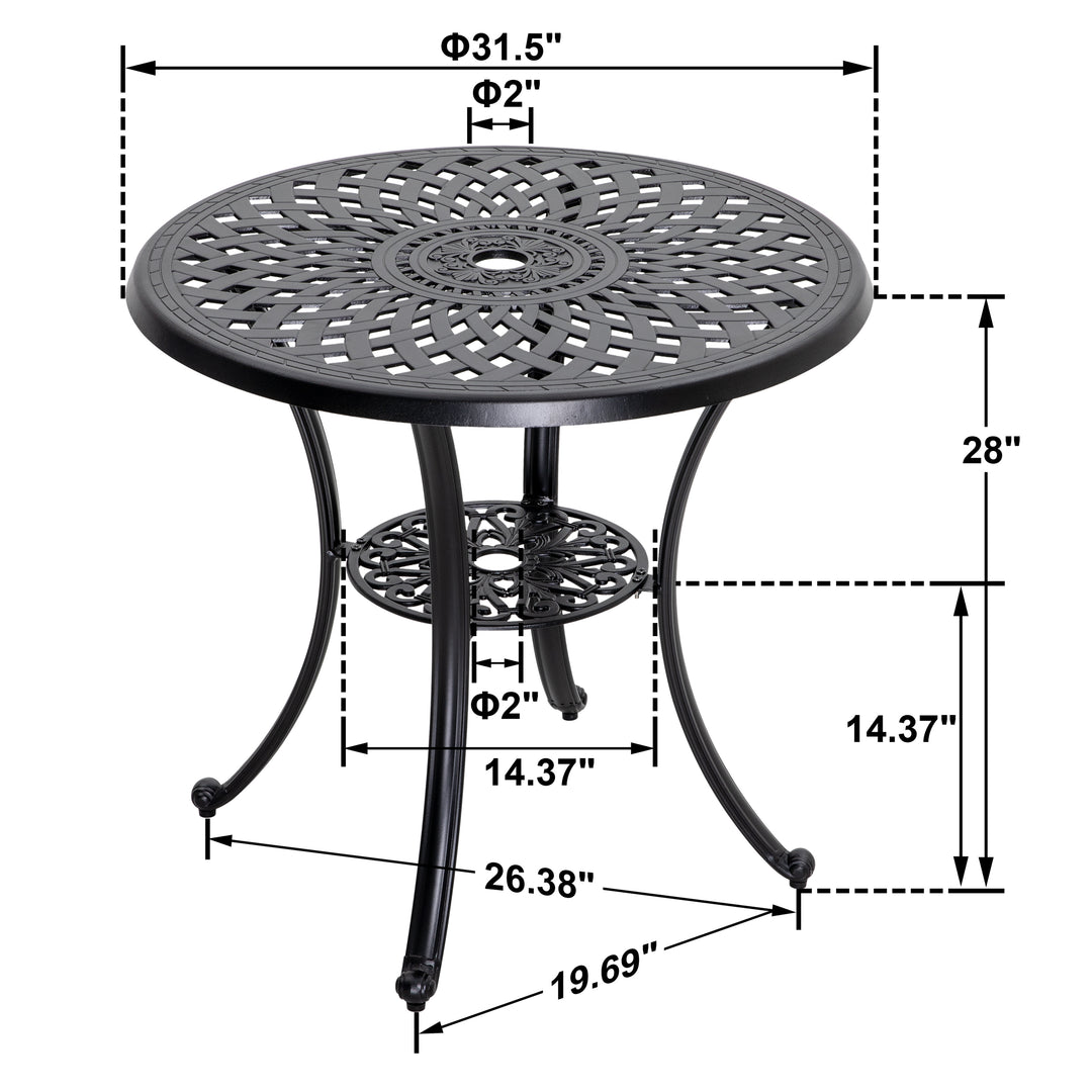 Outdoor 31'' Round Bistro Table with 2.28'' Umbrella Hole, Cast Aluminum Tabletop, for Outdoor and Indoor Space, Patio, Deck, Garden, Backyard, Balcony, Black with Gold Speckles