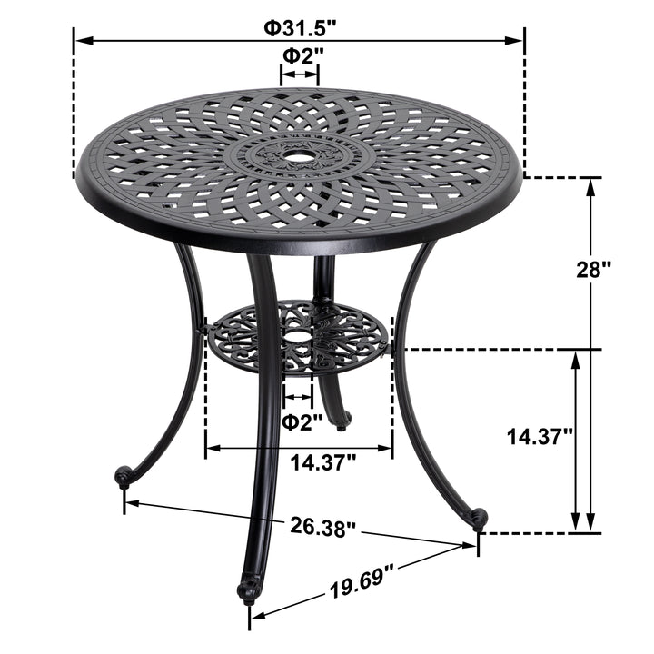 Outdoor 31'' Round Bistro Table with 2.28'' Umbrella Hole, Cast Aluminum Tabletop, for Outdoor and Indoor Space, Patio, Deck, Garden, Backyard, Balcony, Black with Gold Speckles