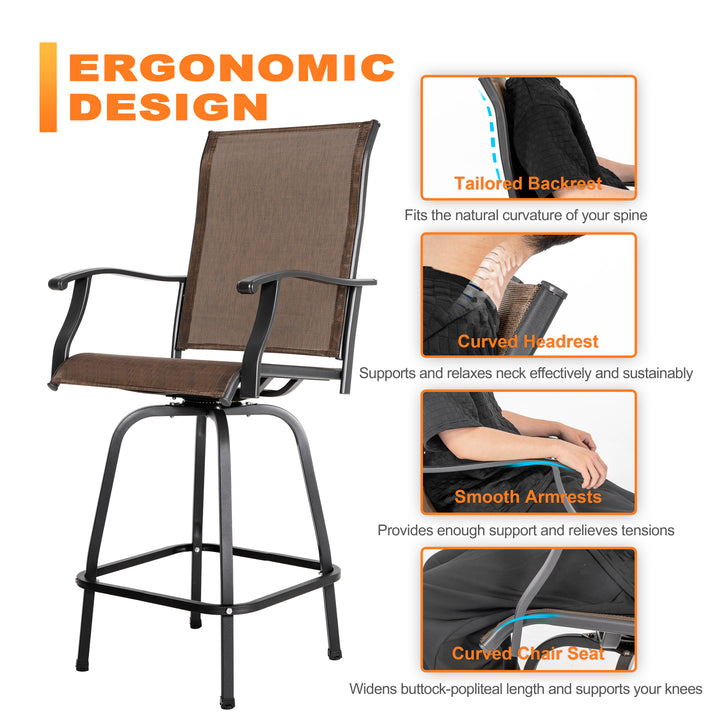 Outdoor Patio Swivel Bar Stools, All-Weather Textilene, Brown