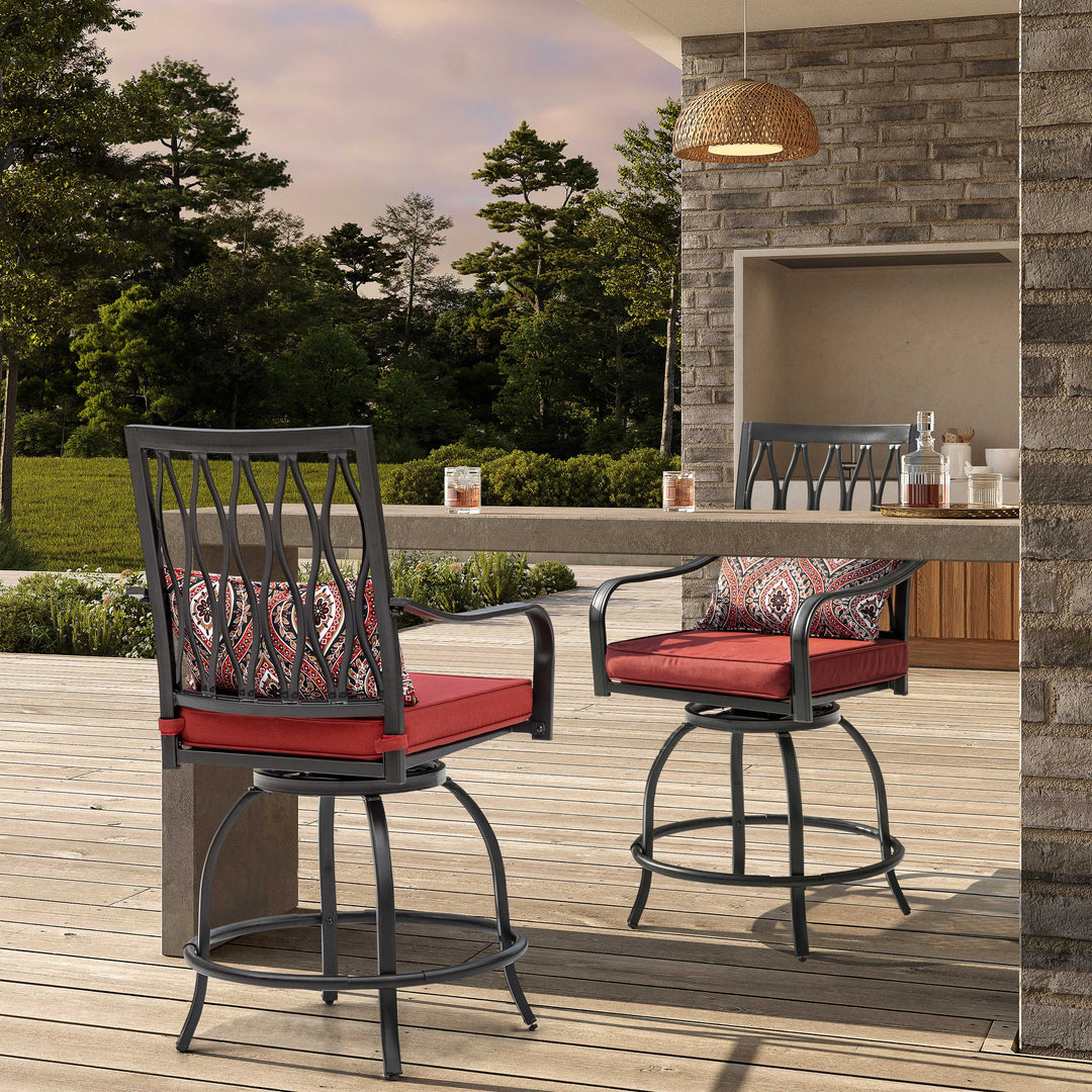 Outdoor Patio Swivel Bar Stool Set of 2 Iron Bar Height Bistro Chairs, with Padded Cushions and Extra Pillows, for Patio, Garden, Backyard and Balcony, Black and Red Color