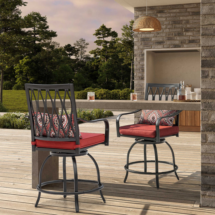 Outdoor Patio Swivel Bar Stool Set of 2 Iron Bar Height Bistro Chairs, with Padded Cushions and Extra Pillows, for Patio, Garden, Backyard and Balcony, Black and Red Color
